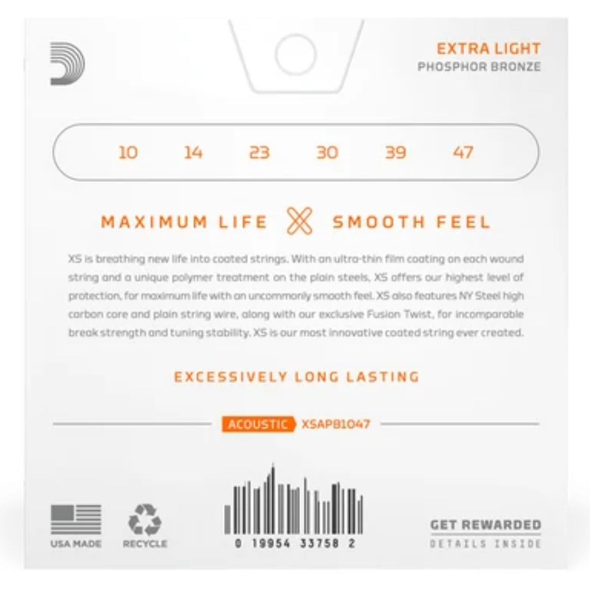 DAddario XSAPB1047 XS Phosphor Bronze Extra Light Acoustic Guitar Strings