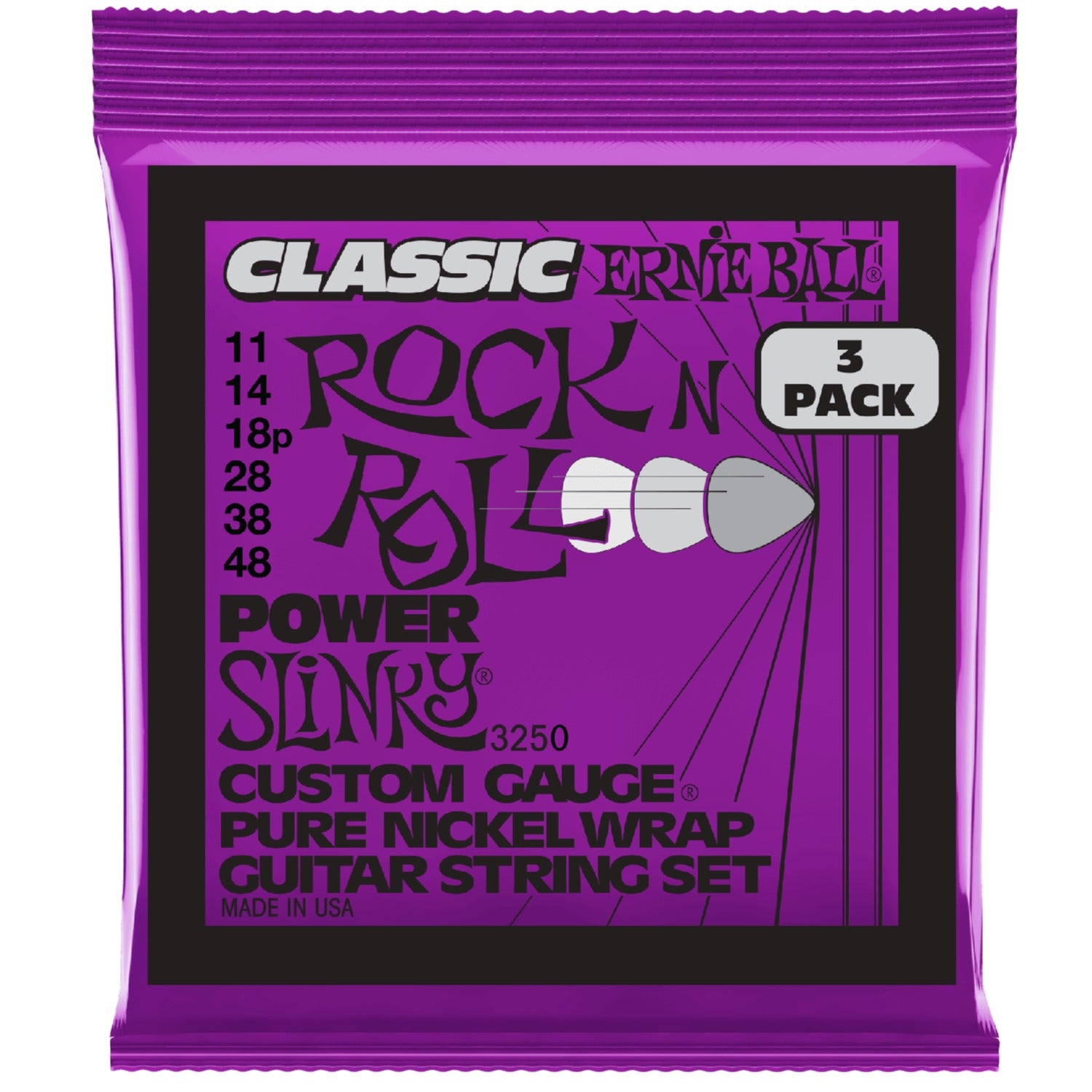 Ernie Ball 3250 Power Slinky Classic Pure Nickel Electric Guitar Strings - Pack of 3 - .11-.48