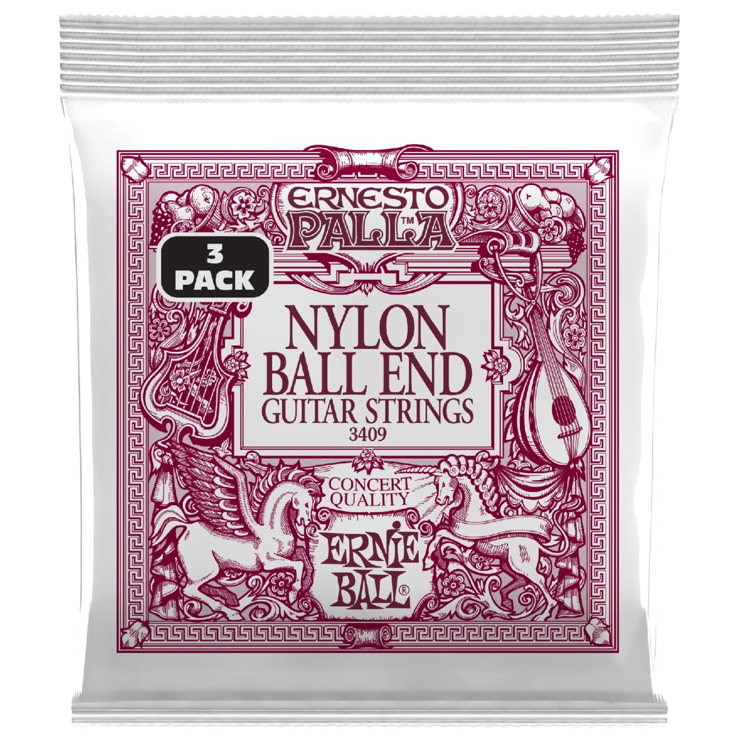 Ernie Ball 3409 Ernesto Palla Black and Gold Ball End Nylon Classical Guitar Strings 3 Pk - .28-.42