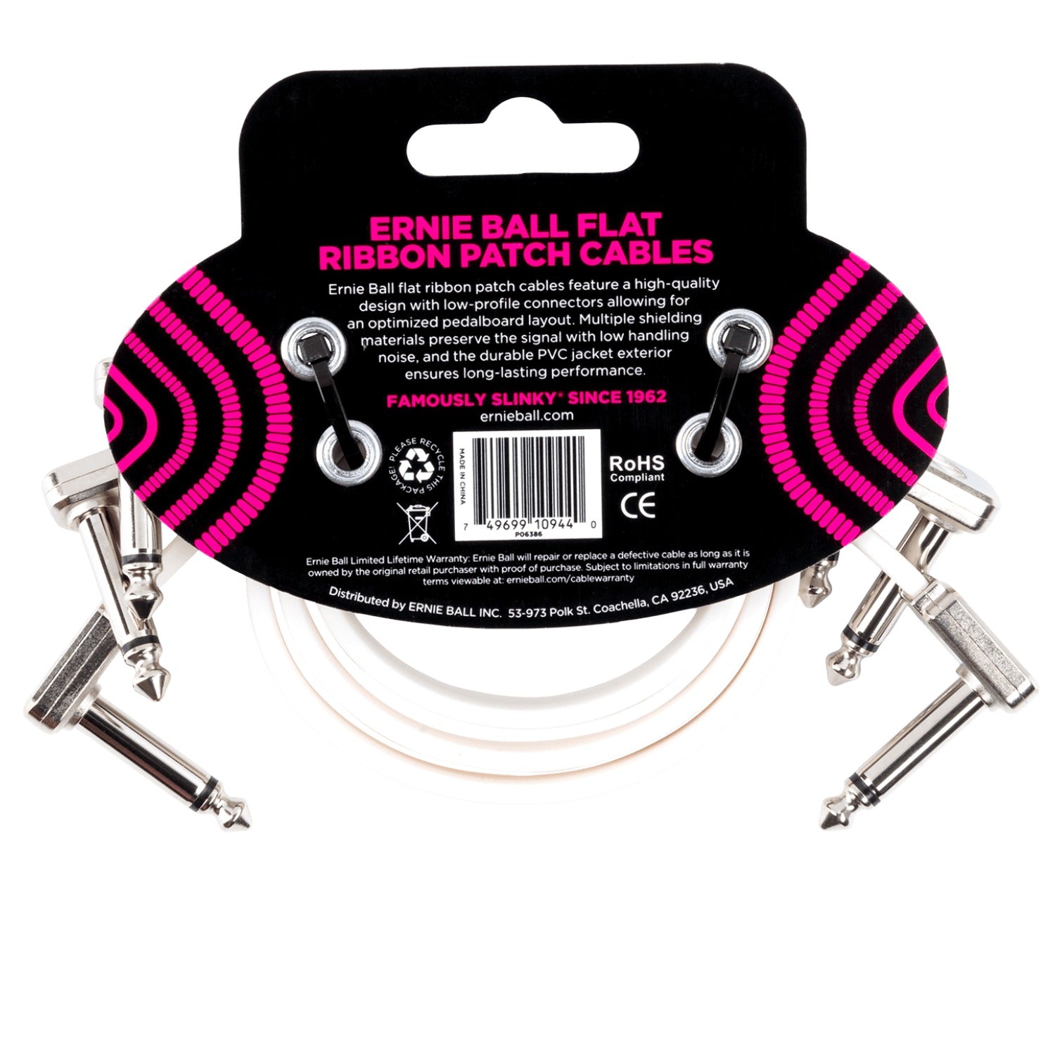 Ernie Ball Flat Ribbon Patch Cable - White Pack of 3