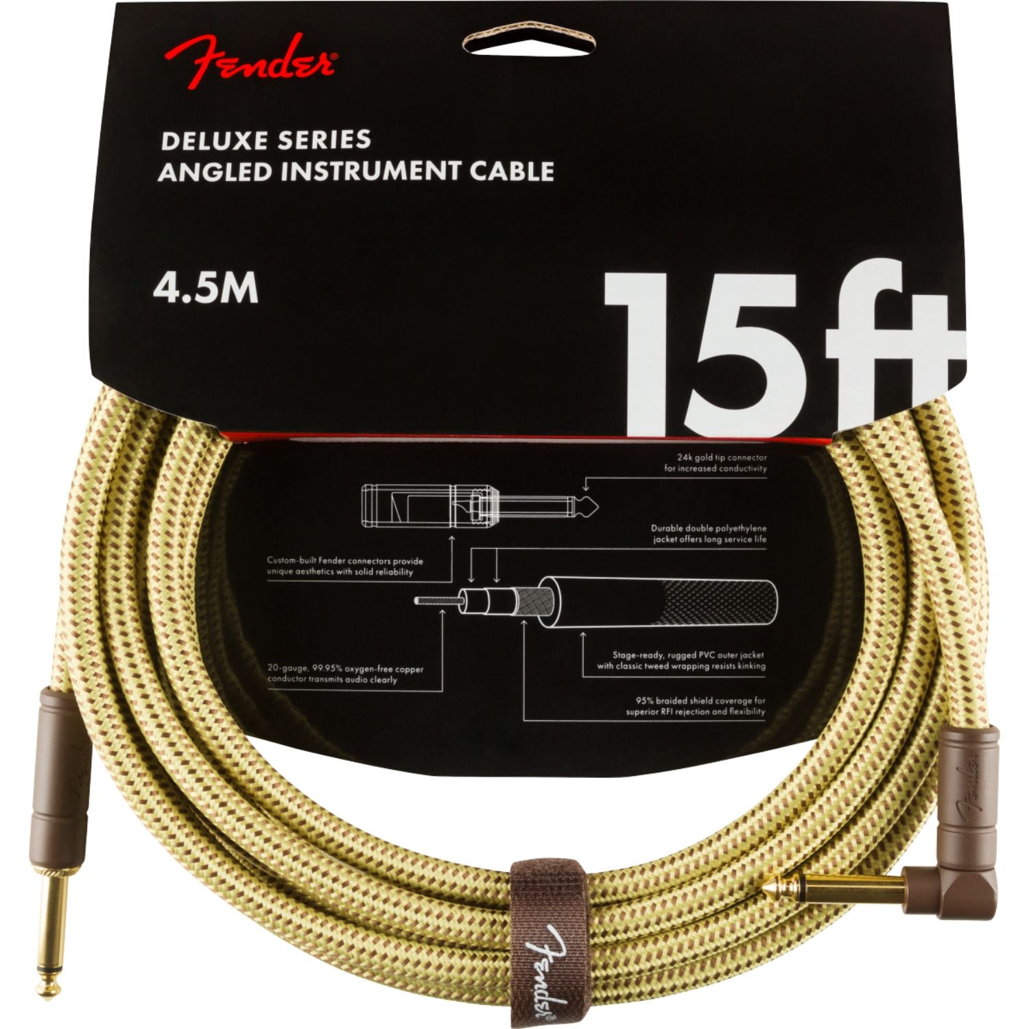 Fender 0990820086 15 Feet Deluxe Series Instrument Cable Straight/Angle- Tweed