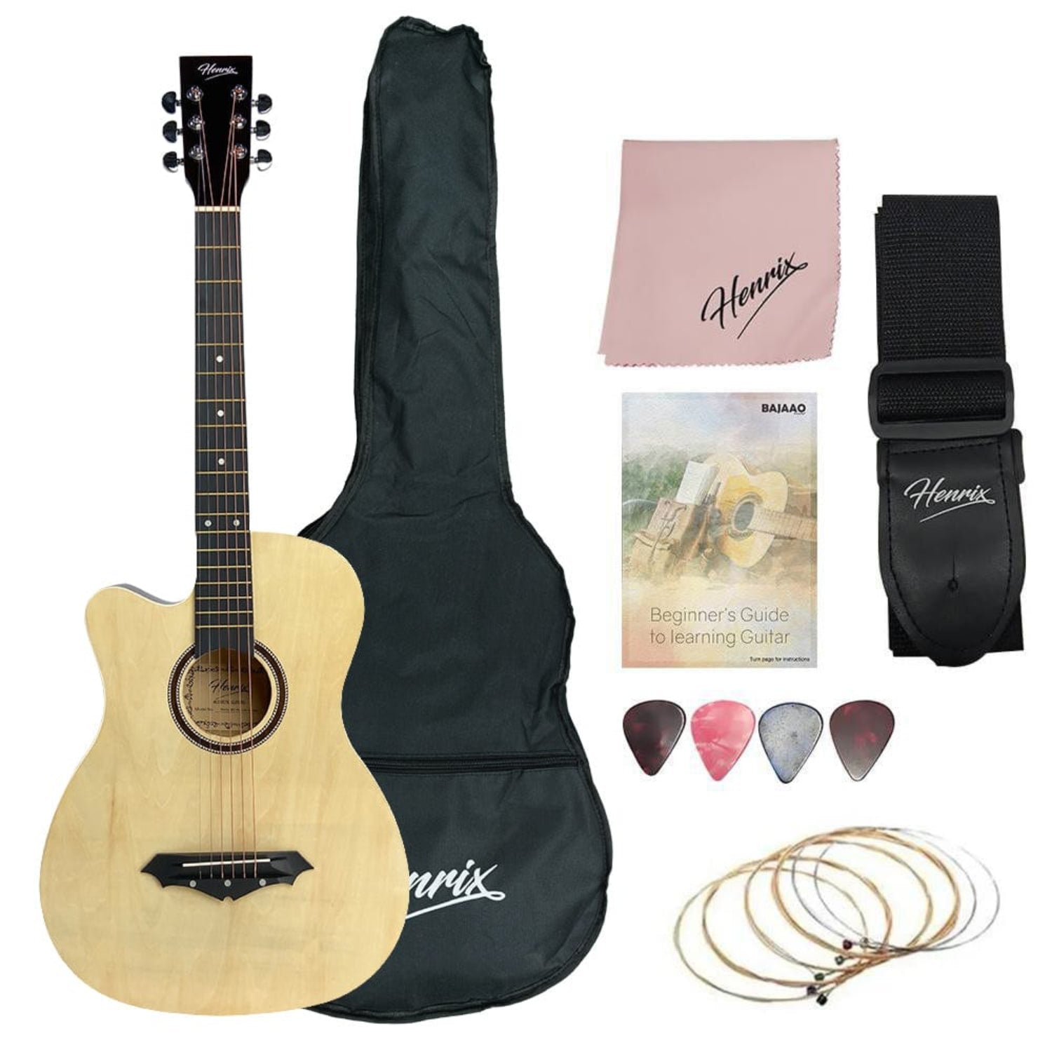 henrix acoustic guitars pro / natural / left handed henrix 38c 38 inch cutaway acoustic guitar with dual action truss rod, gigbag, picks, string set, strap, cloth & ebook