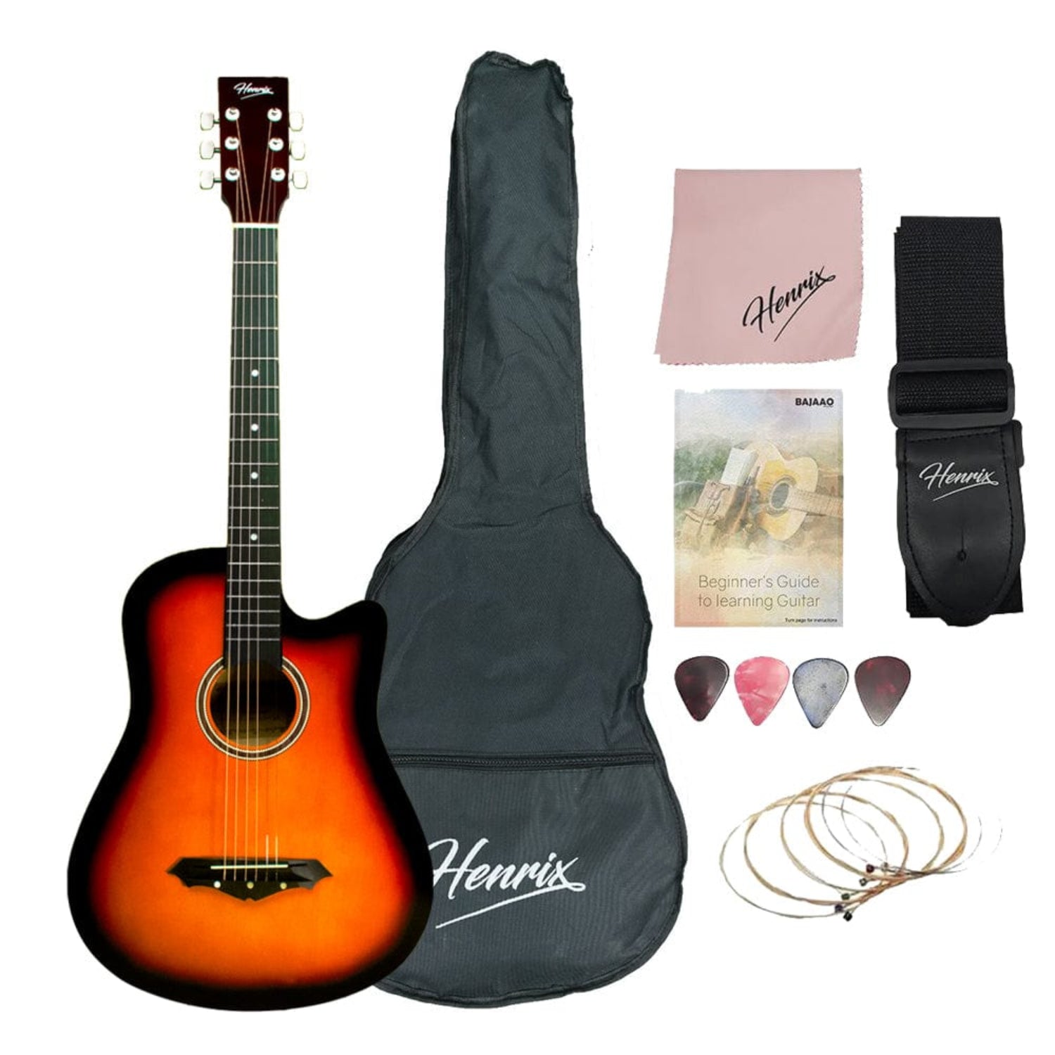 henrix acoustic guitars standard / sunburst / right handed henrix 38c 38 inch cutaway acoustic guitar with dual action truss rod, gigbag, picks, string set, strap, cloth & ebook #model_standard,color_sunburst,orientation_right-handed