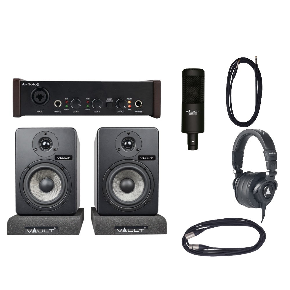 Vault Home Studio Essential Bundle - Vault Ai-SoloX 2-Channel Audio Interface with Bitwig 8-Track, Condenser Microphone, Studio Headphone, Studio Monitor and Cables
