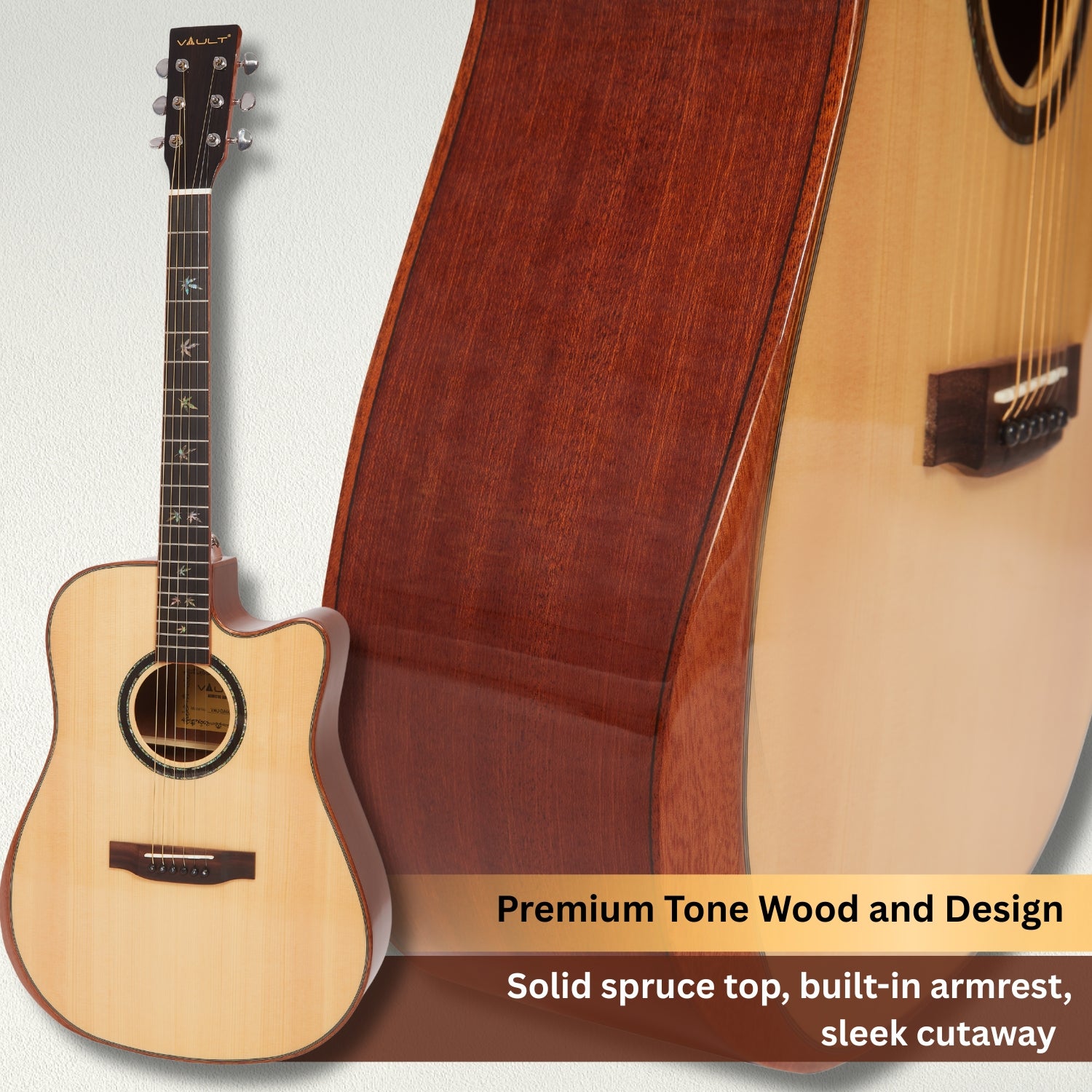 Vault Electro Acoustic Guitars Natural Vault DA60CE Premium Dreadnought Cutaway Solid Spruce Top Electro Acoustic Guitar with Dual EQ and Armrest