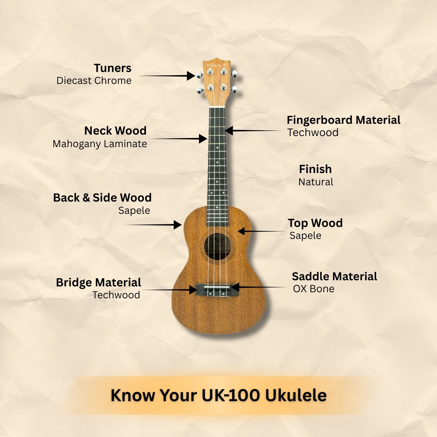 Vault UK-100C 24 inch Arched Back Concert Ukulele With Gig Bag