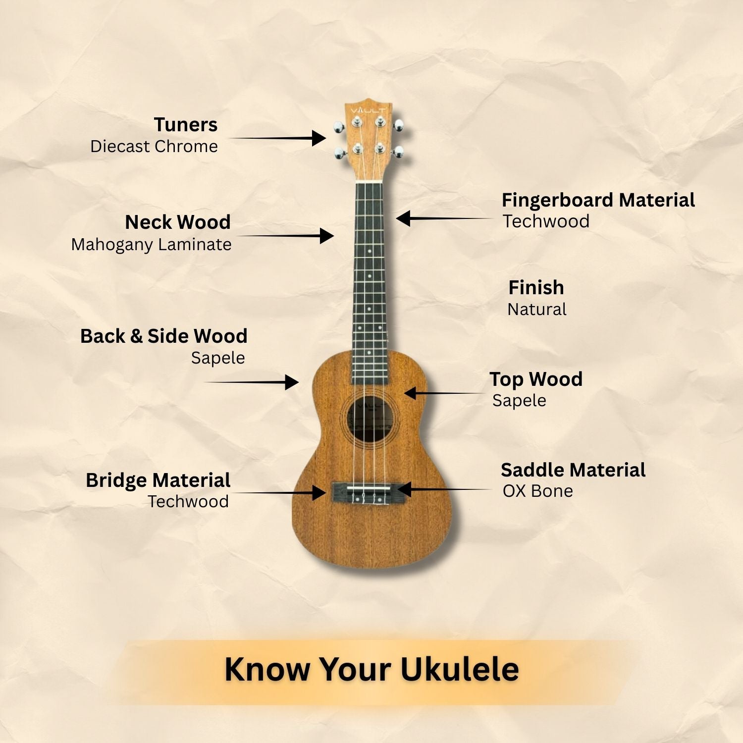 Vault UK-100C 24 inch Arched Back Concert Ukulele With Gig Bag