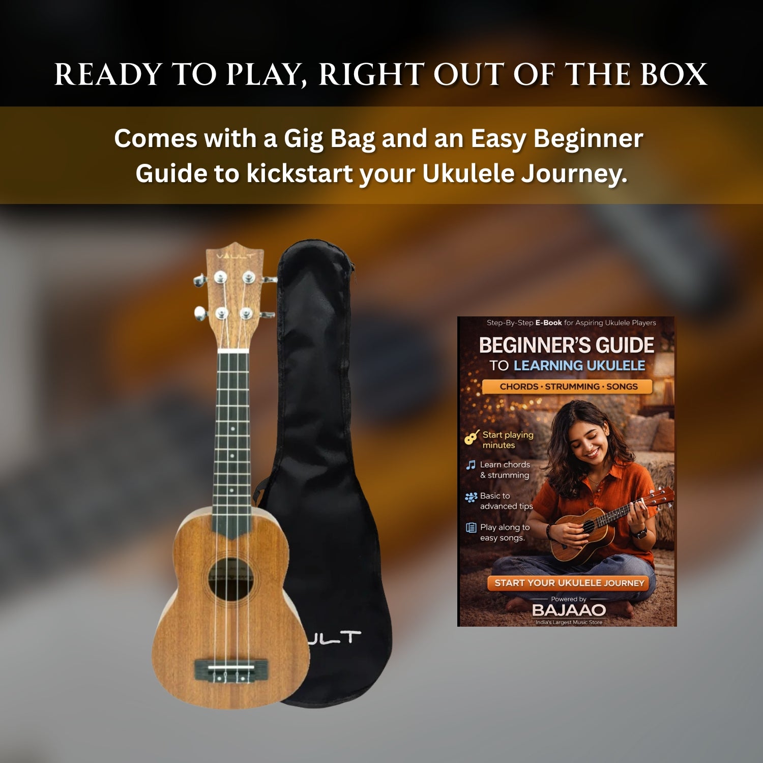 Vault UK-100S 21 inch Arched Back Soprano Ukulele With Gig Bag & Ebook