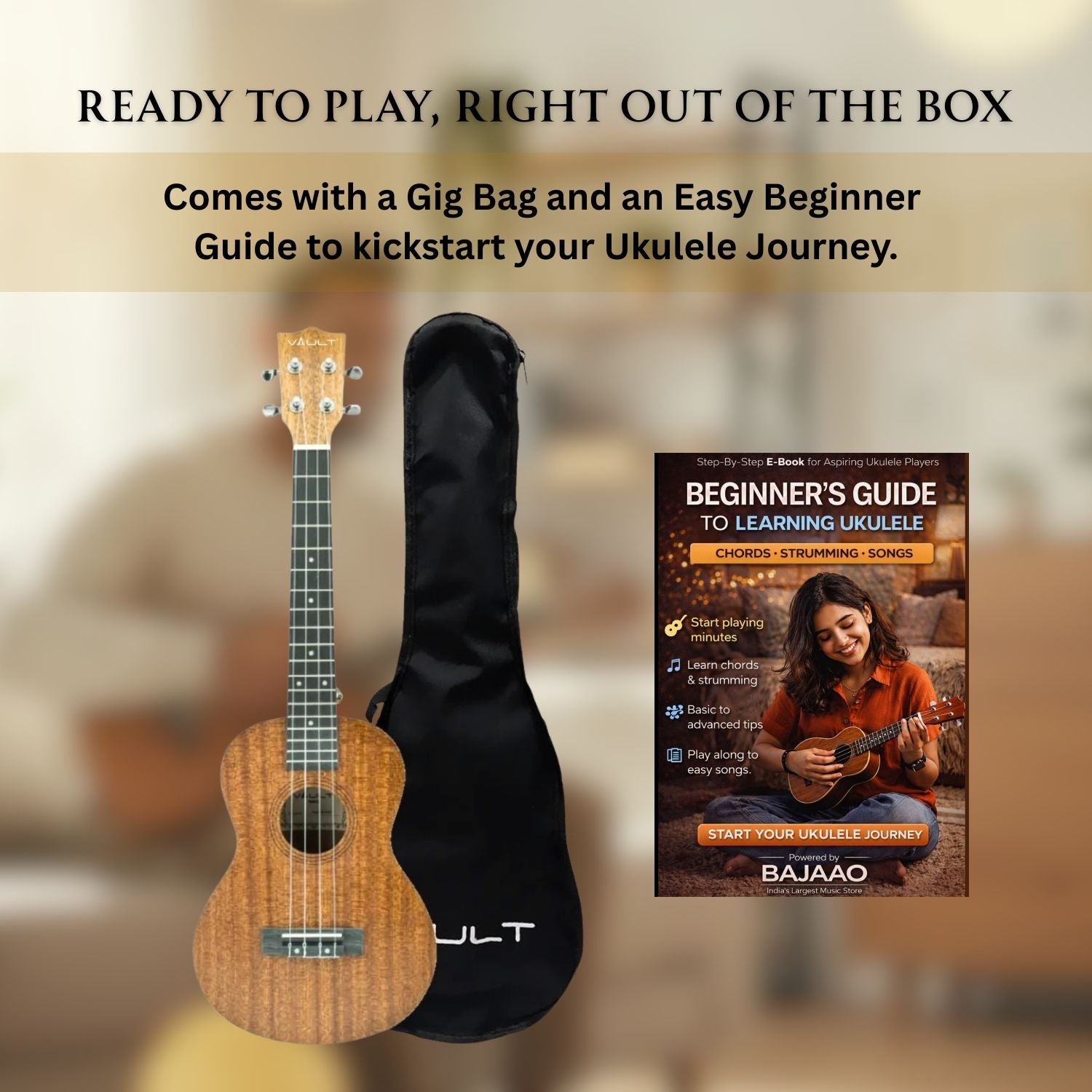 Vault UK-100T 26-inch Arched Back Tenor Ukulele With Gig Bag & Ebook