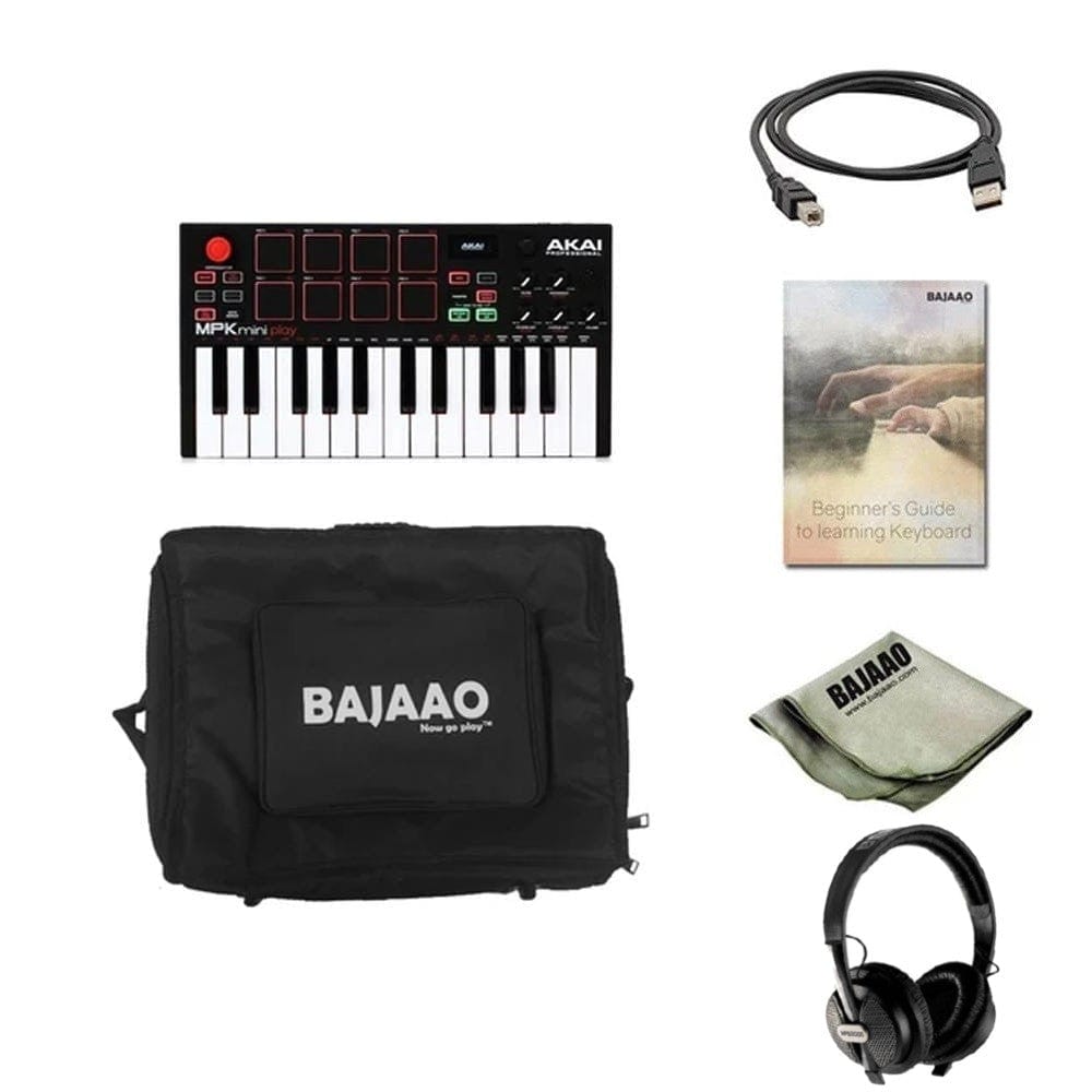 akai midi keyboards akai mpk mini play mini controller keyboard with built-in speakers with headphone, polishing cloth, gigbag & ebook