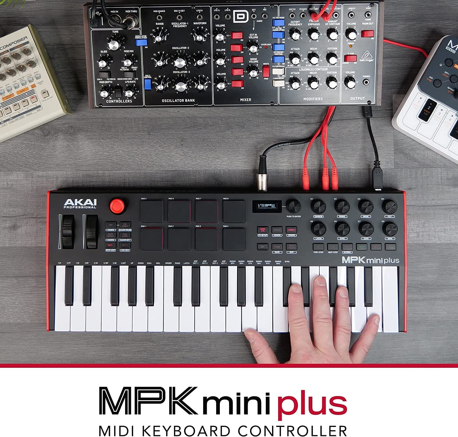 akai midi keyboards black / red akai mpk mini plus 37-key compact midi keyboard controller with mpc beats software pack #color_black---red