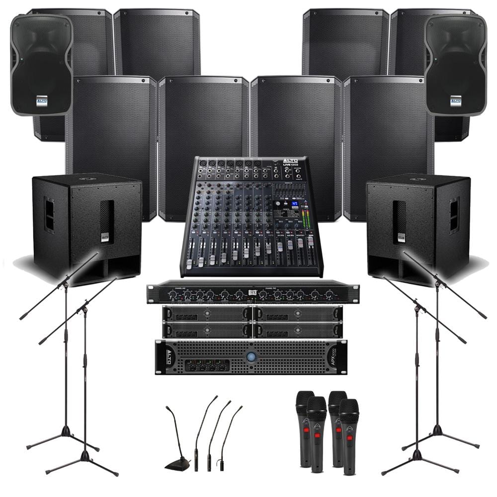 alto mosque sound system mosque sound system 8xalto ts315 wall mount loudspeakers, 2xsubwoofer, 5xamplifier, crossover, monitor, mics, stands & mixer