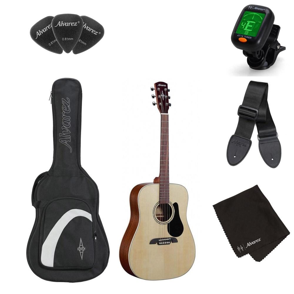alvarez acoustic guitar bundles alvarez rd26 dreadnought 6 string acoustic guitar pack with bag, tuner, straps, cloth & picks - natural satin