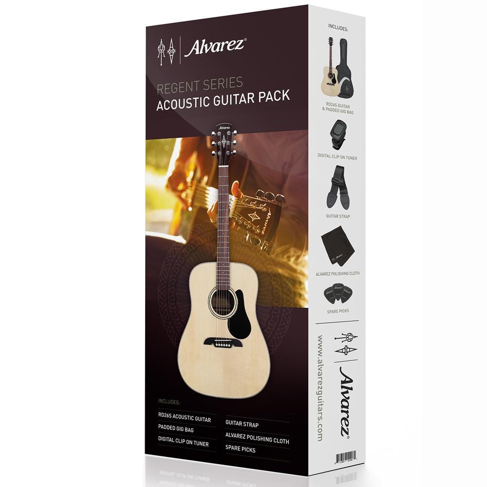 alvarez acoustic guitar bundles alvarez rd26 dreadnought 6 string acoustic guitar pack with bag, tuner, straps, cloth & picks - natural satin