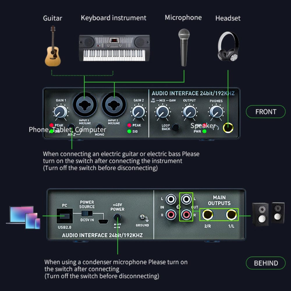 Audio Array Audio Interfaces Audio Array AI-01 24 bit 192KHz 2in/2out Audio Interface with Gain Control Mono & Loop Back Button along with No Latency Monitoring for Recording Streaming and Podcasting