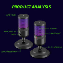 Audio Array Usb Microphones Black Audio Array AM-C22 Anti Interference Metal Tube RGB USB Microphone