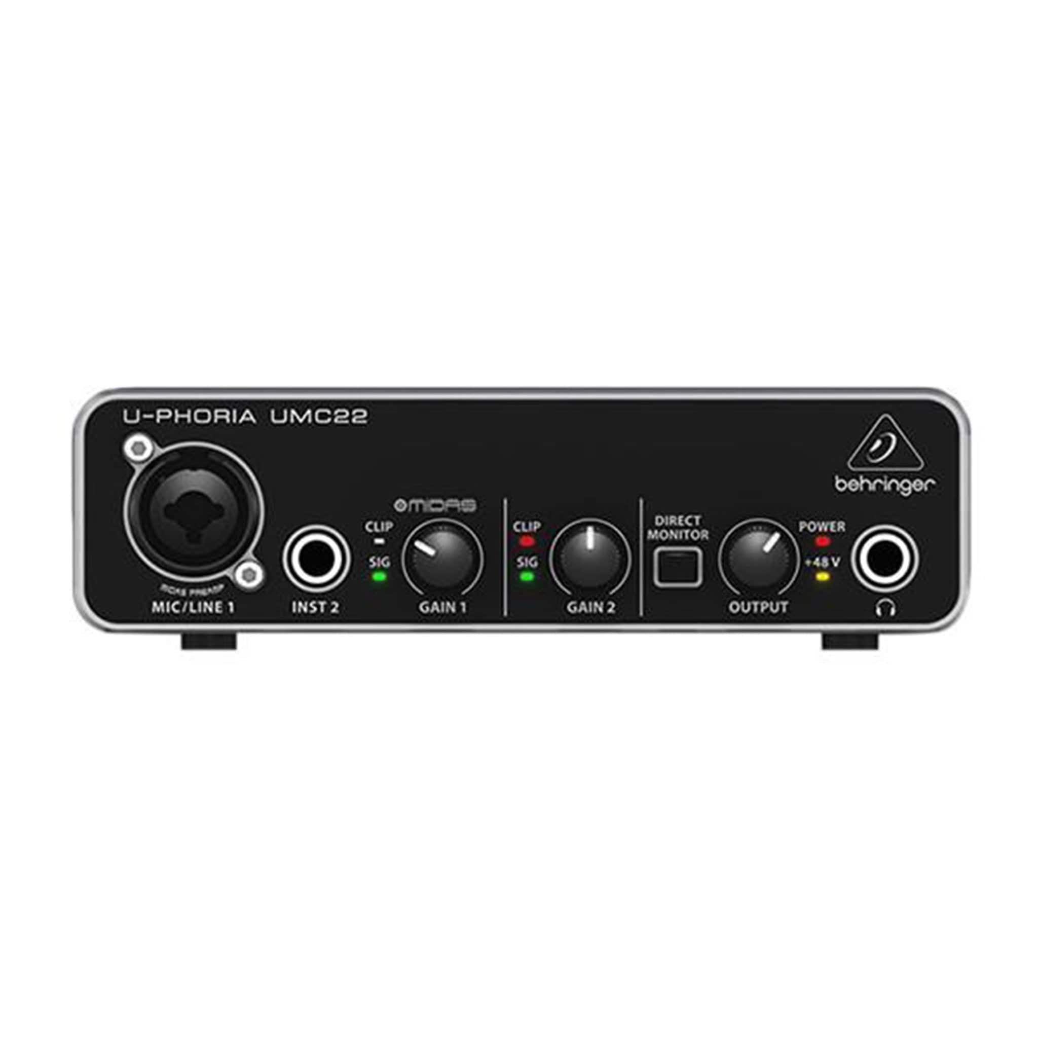behringer audio interfaces behringer umc22 2-channel usb audio interface with midas mic pre amplifier with xlr cable, polishing cloth & ebook