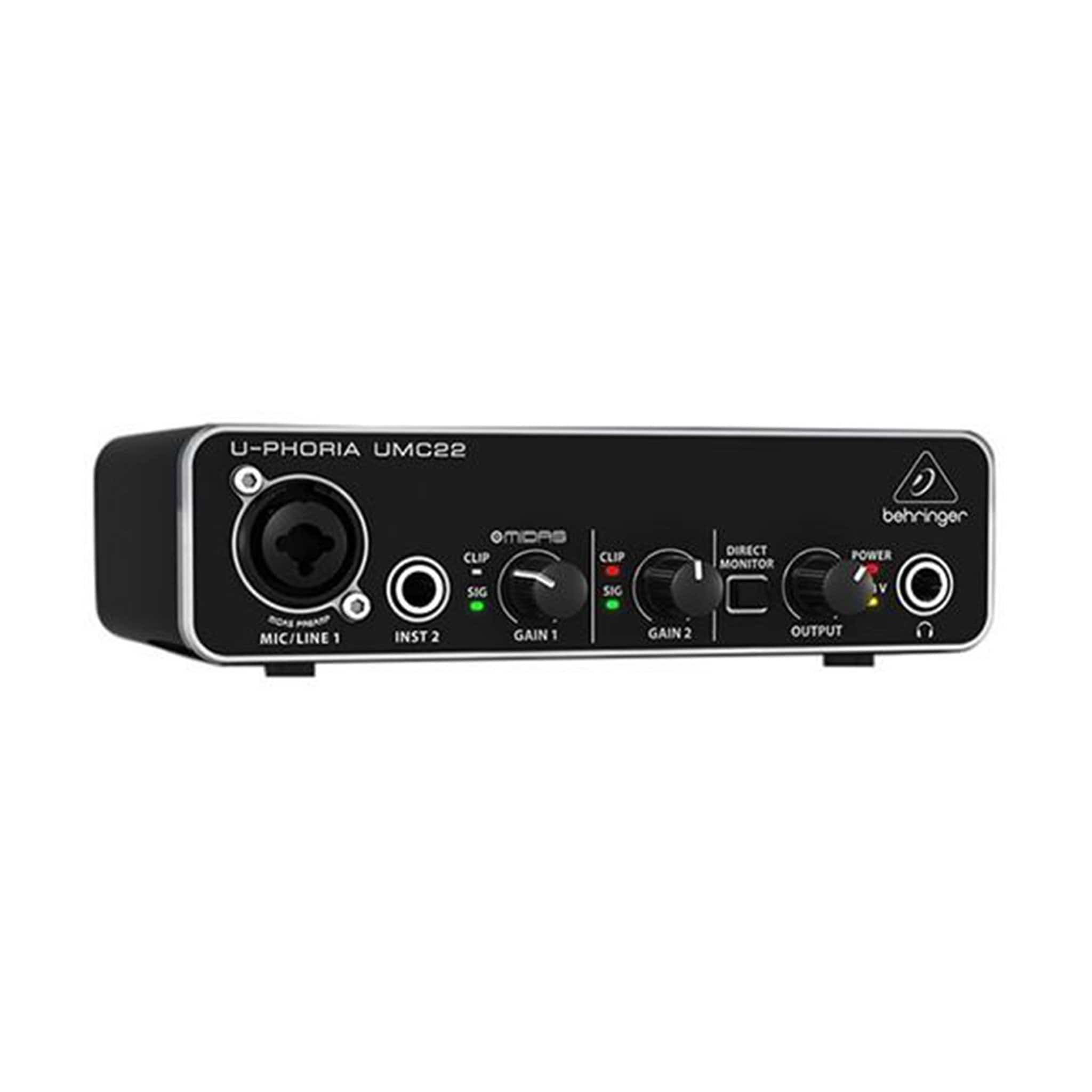 behringer audio interfaces behringer umc22 2-channel usb audio interface with midas mic pre amplifier with xlr cable, polishing cloth & ebook