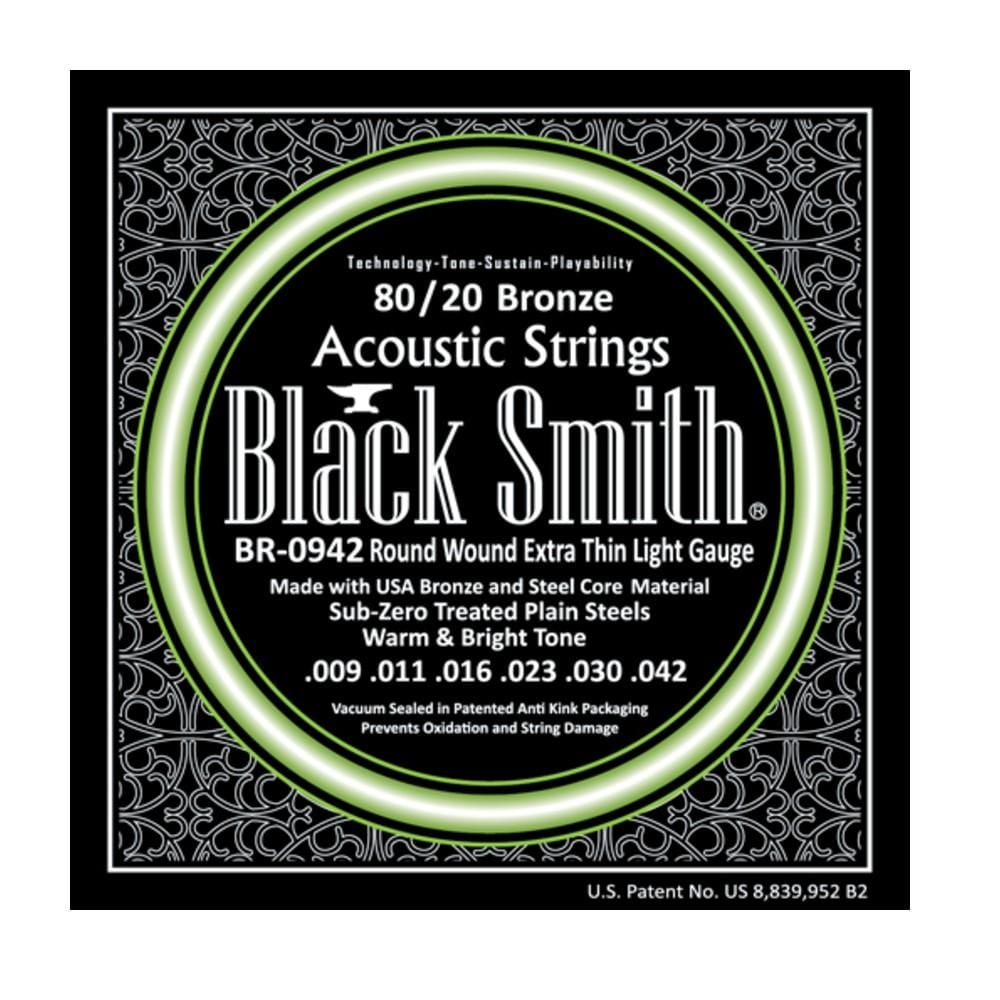 black smith acoustic guitar strings extra thin light - .009-.042 black smith 80 / 20 bronze acoustic guitar strings