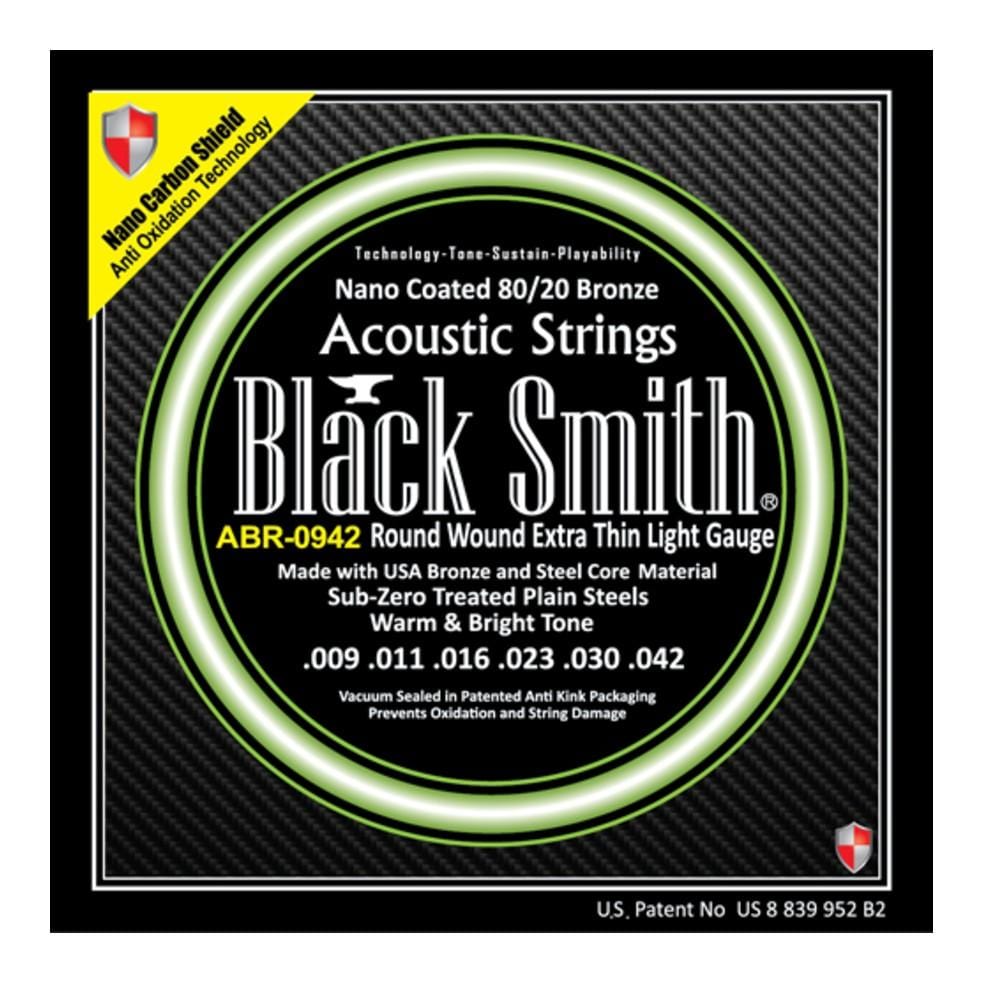 black smith acoustic guitar strings extra thin light - .009-.042 black smith nano coated 80 / 20 bronze acoustic guitar strings