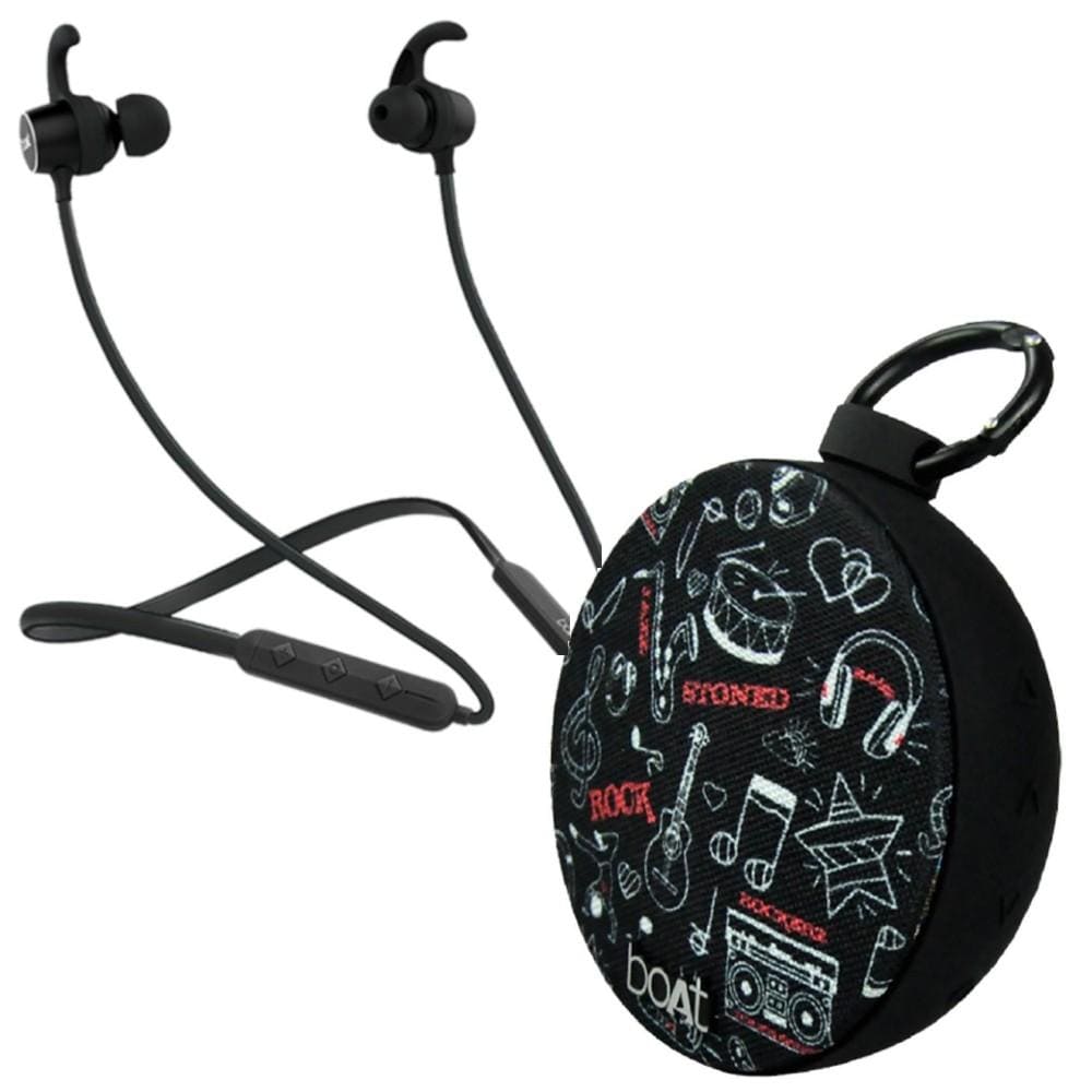 boat bluetooth speakers black combo pack of boat rockerz 255 in ear neckband headphone with boat stone 260 bluetooth speaker