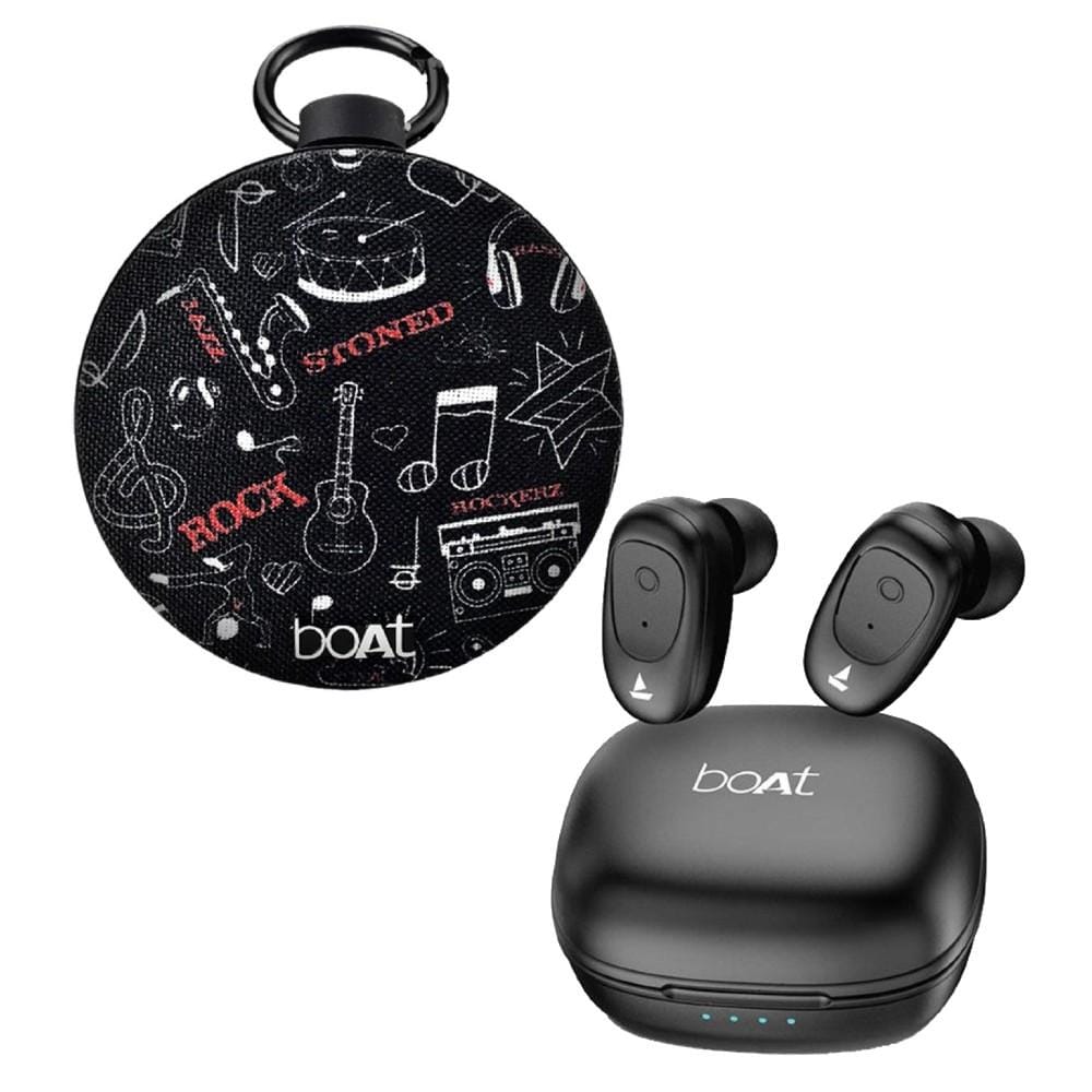 boat true wireless in-ear headphones black combo pack of boat airdopes 201 true wireless in ear bluetooth headphone with boat stone 260 portable bluetooth speaker