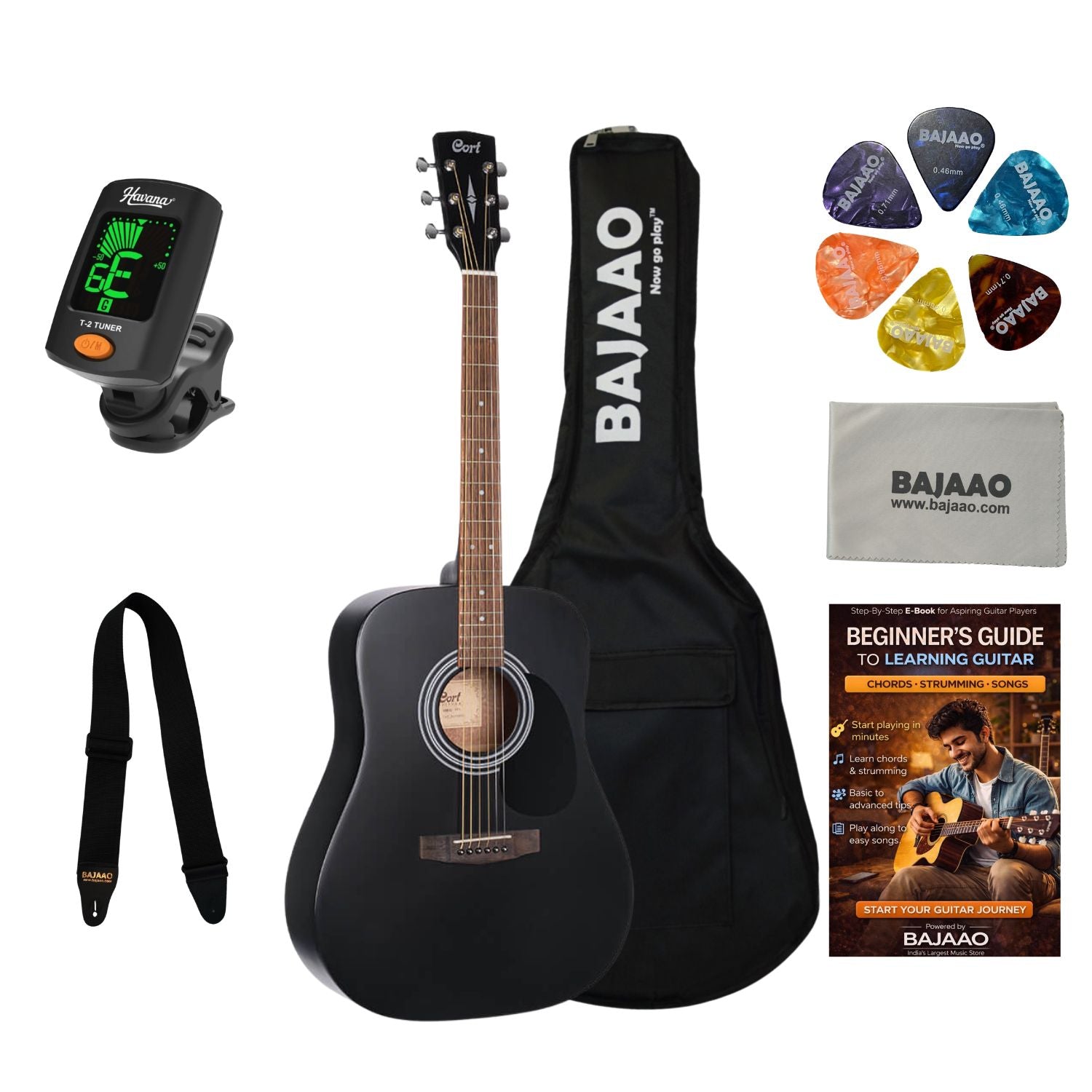 Cort Acoustic Guitars Bundle / Black Satin Cort AD810 Dreadnought Acoustic Guitar with E-Book