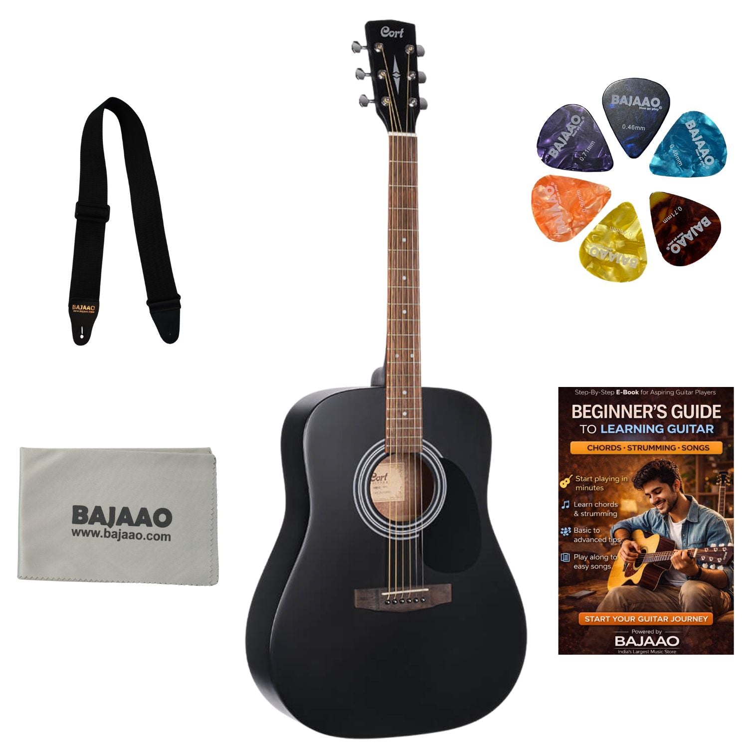 Cort Acoustic Guitars Pack / Black Satin Cort AD810 Dreadnought Acoustic Guitar with E-Book