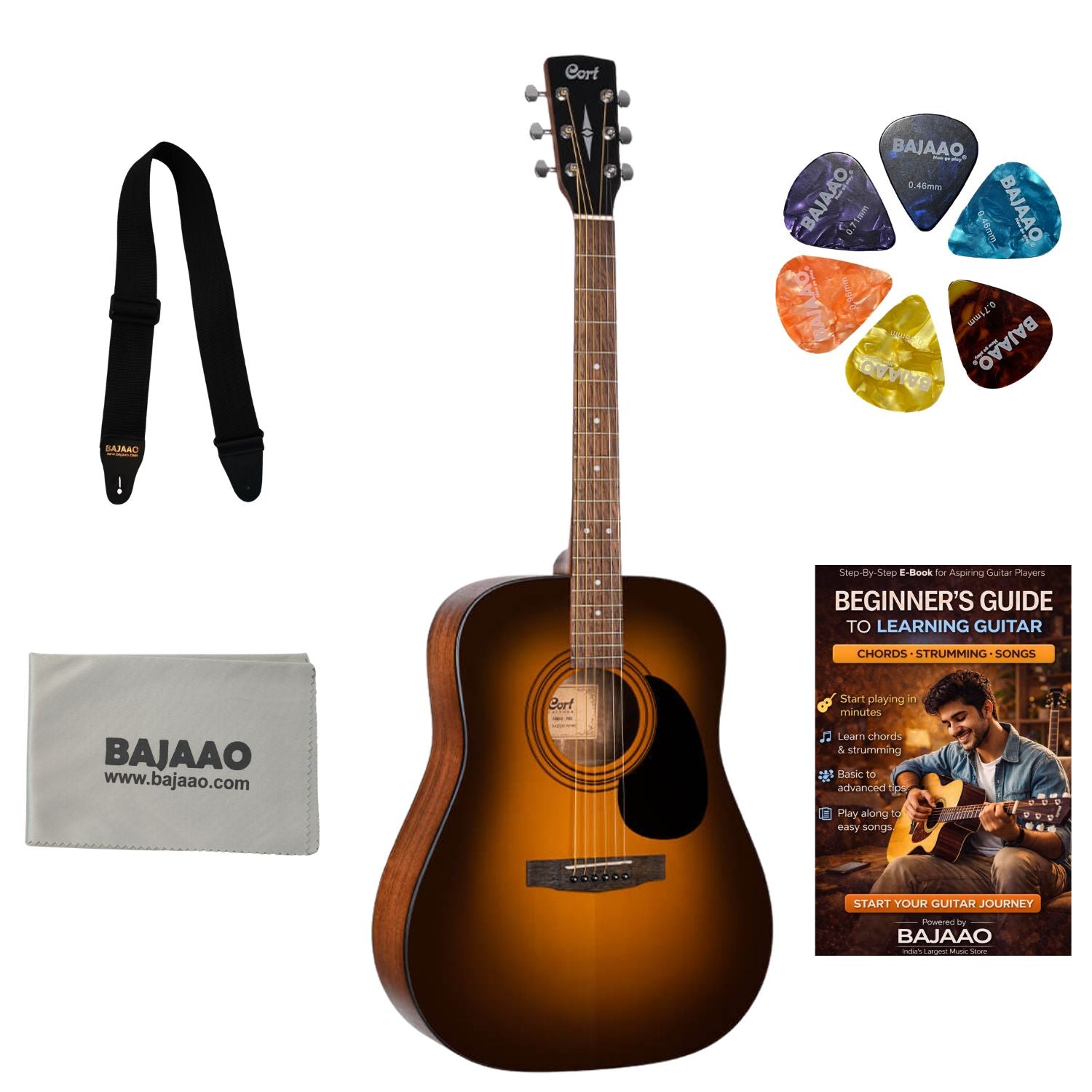 Cort Acoustic Guitars Pack / Satin Sunburst Cort AD810 Dreadnought Acoustic Guitar with E-Book#type_pack,color_satin-sunburst