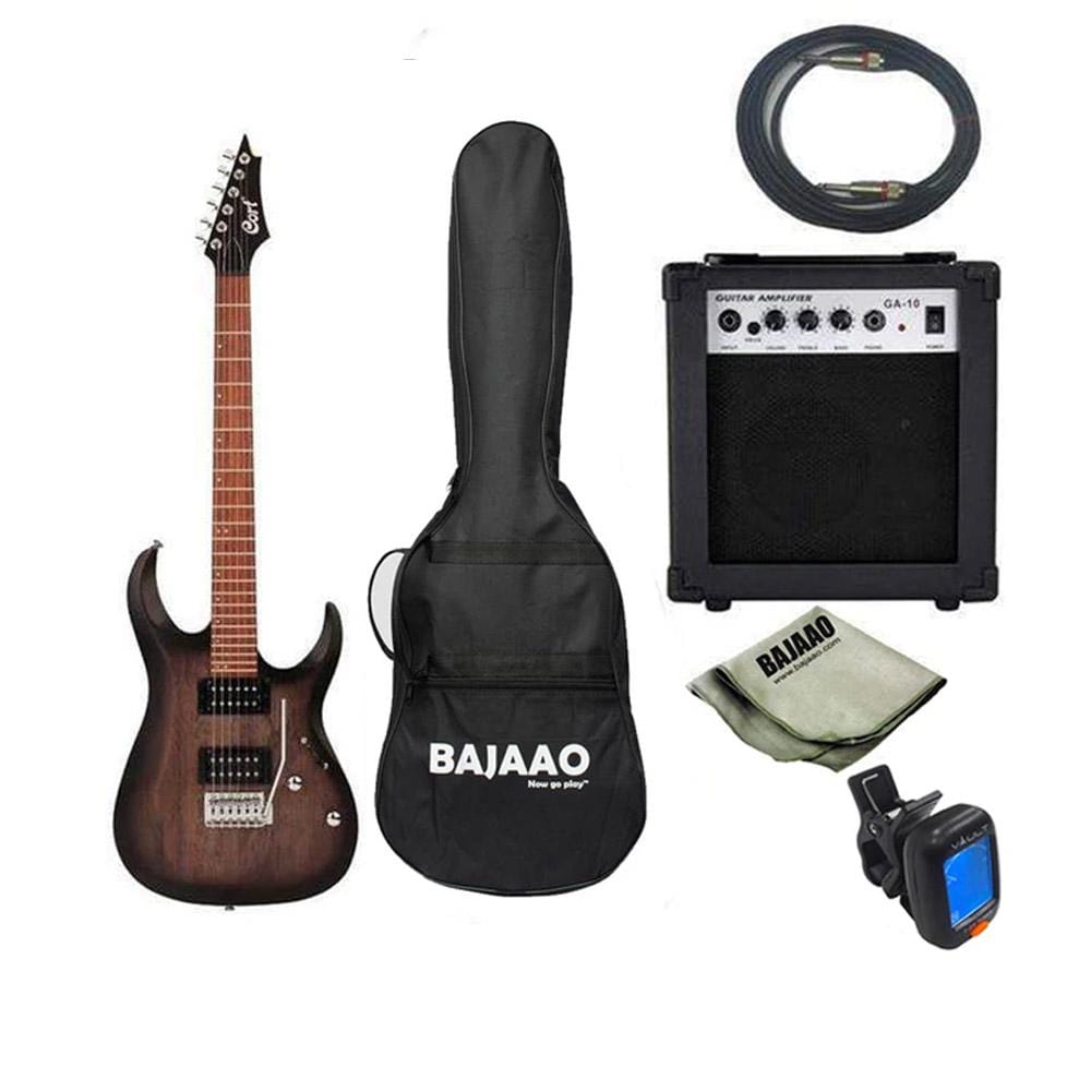 cort electric guitars bundles open pore black burst cort x100 6-string electric guitar bundle with amplifier, tuner, cable and polishing cloth #color_open-pore-black-burst