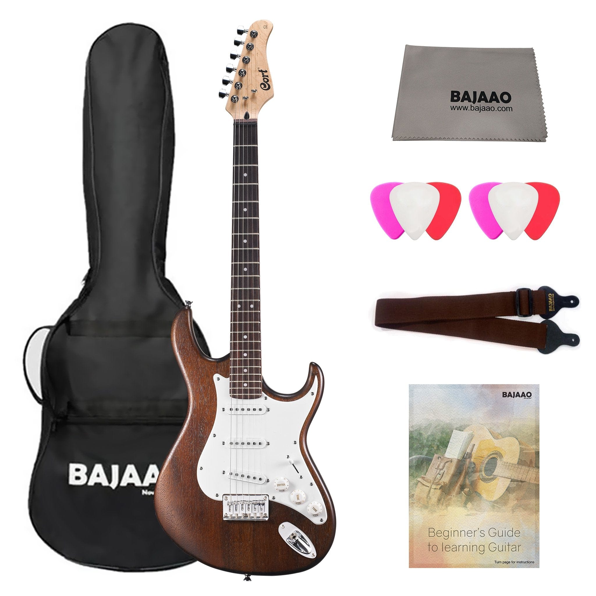 cort electric guitars bundles open pore walnut cort g100 electric guitar bundle with gigbag, cloth, picks, strap & ebook #color_open-pore-walnut