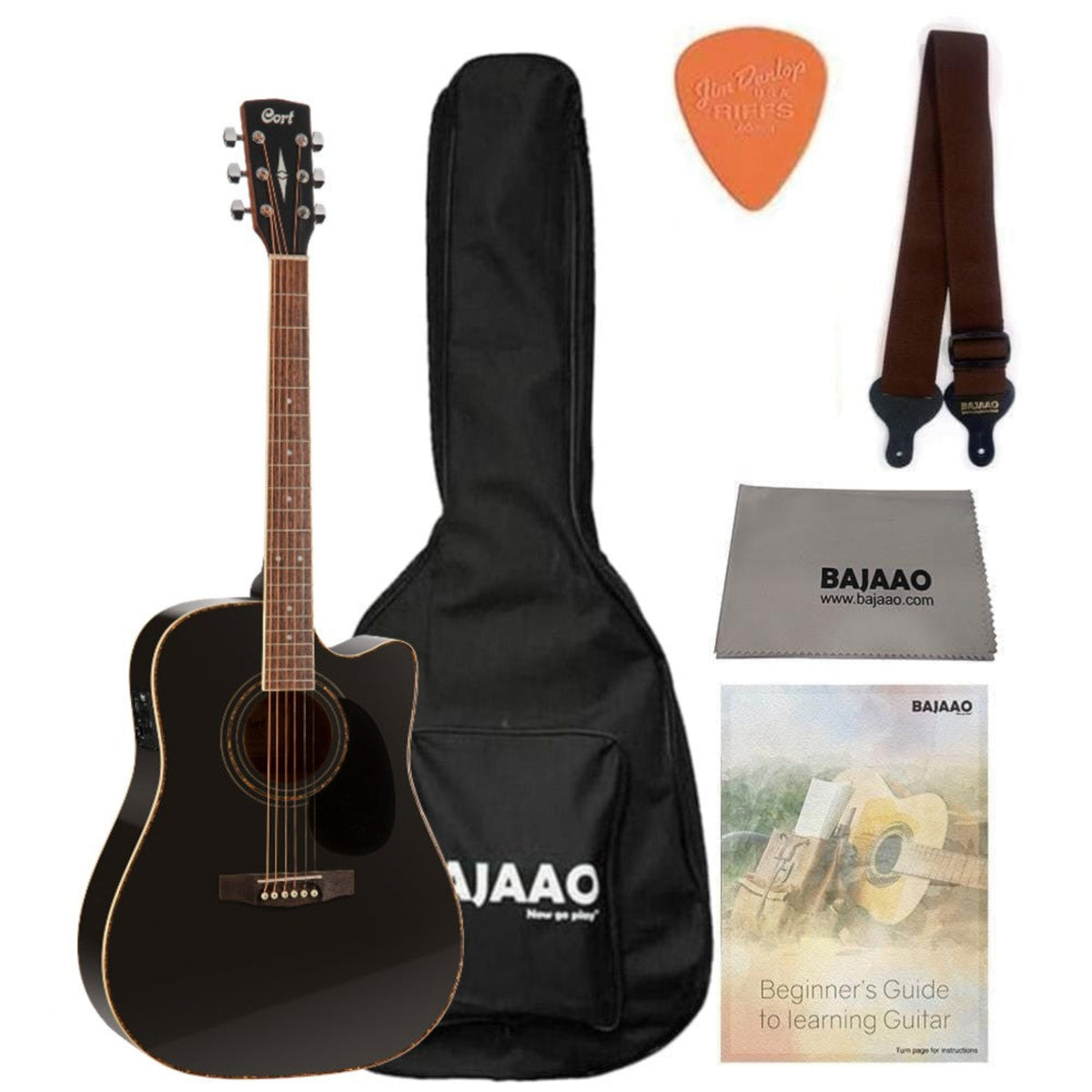 Cort Electro Acoustic Guitar Bundles Black Cort AD880CE Cutaway Electro Acoustic Guitar with Gigbag, Strap, Polishing Cloth, Pick and Ebook #color_black
