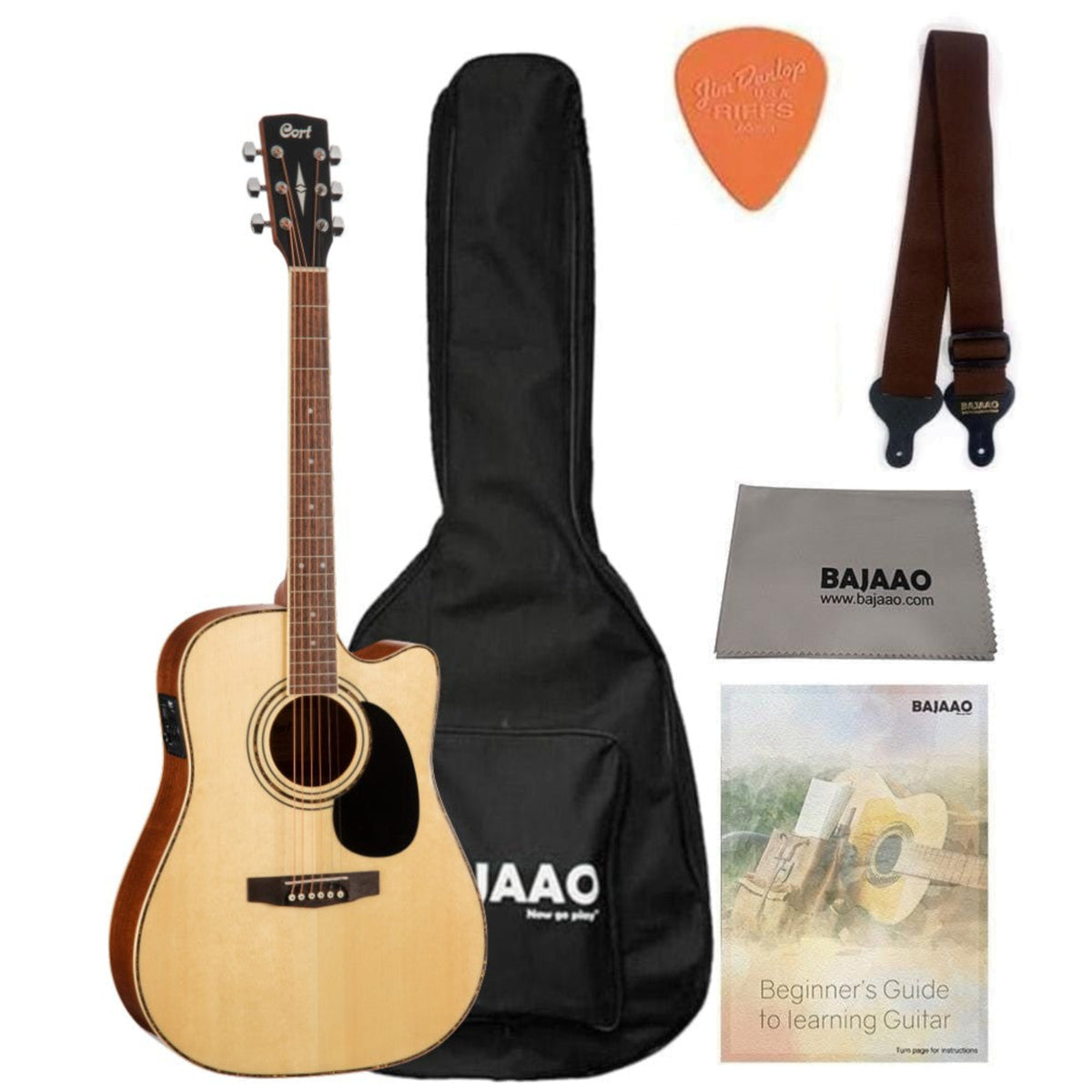 Cort Electro Acoustic Guitar Bundles Natural Satin Cort AD880CE Cutaway Electro Acoustic Guitar with Gigbag, Strap, Polishing Cloth, Pick and Ebook
