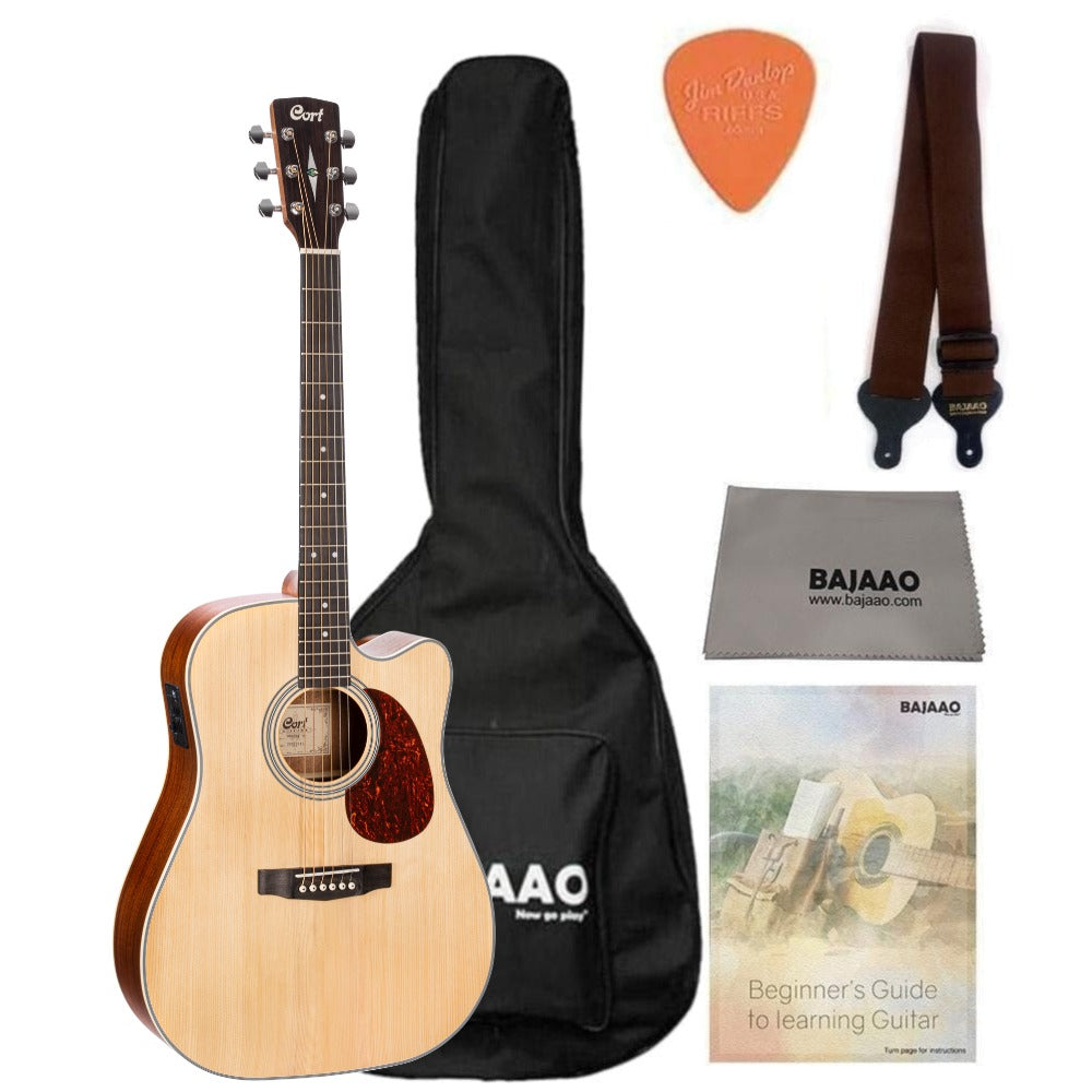 Cort Electro Acoustic Guitar Bundles Open Pore Cort MR500E Dreadnought Cutaway Electro Acoustic Guitar with Gigbag, Strap, Polishing Cloth, Pick and Ebook #color_open-pore
