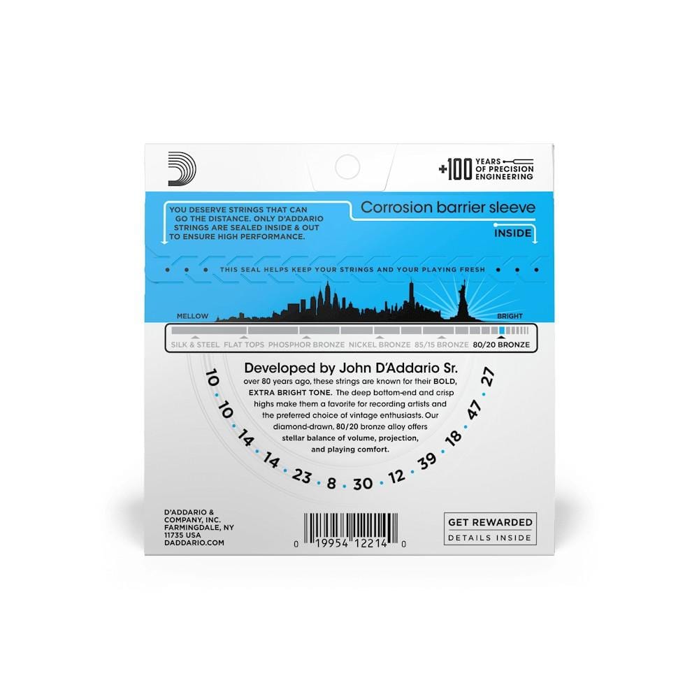daddario acoustic guitar strings d'addario ej36 80/20 bronze light acoustic guitar 12 string set