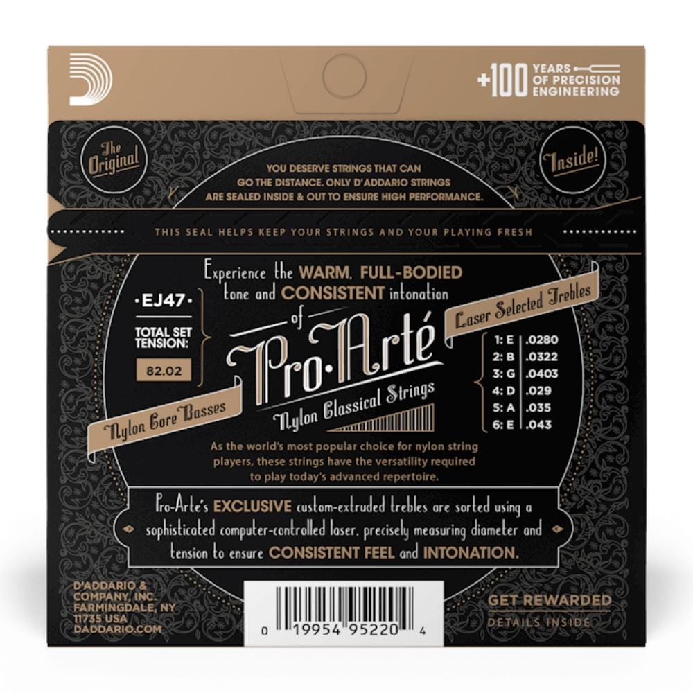 daddario classical guitar strings daddario pro-arté ej47 80/20 bronze wrap nylon core classical guitar string set