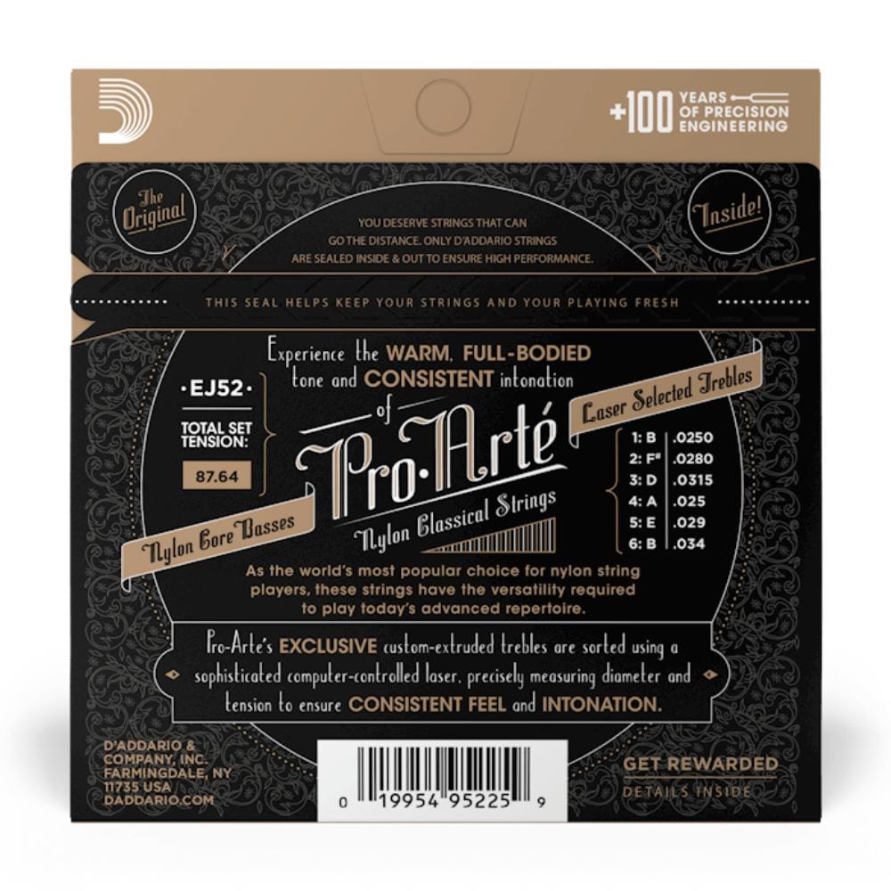 daddario classical guitar strings daddario pro-arté ej52 silver plated wrap nylon core alto classical guitar string set