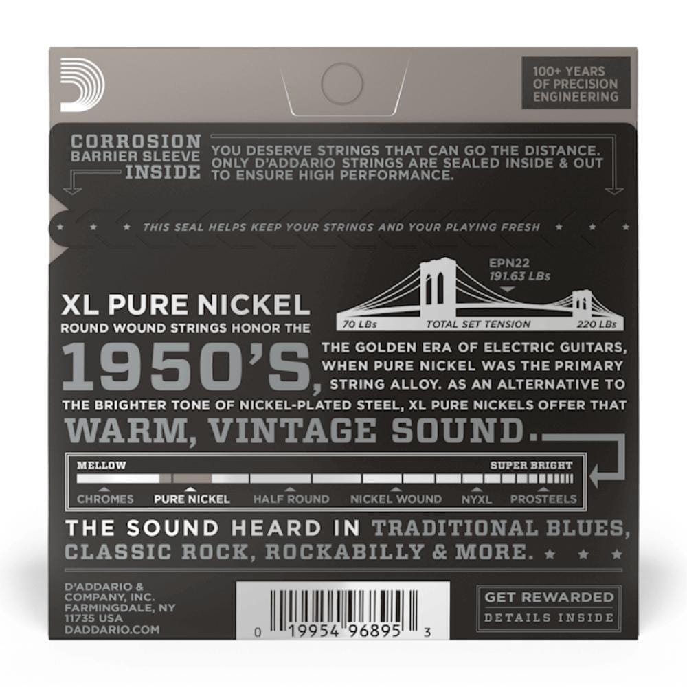 daddario electric guitar strings d'addario epn22 xl pure nickel wound jazz medium electric guitar strings 13-56