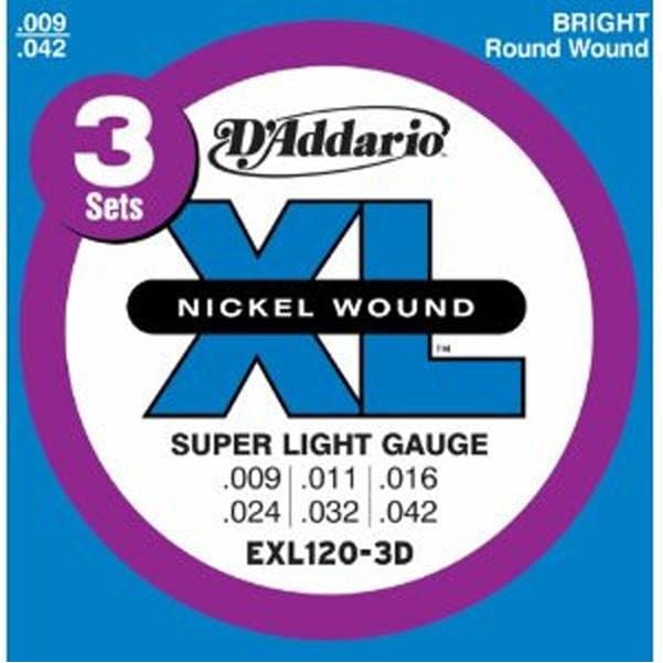 daddario electric guitar strings d'addario exl120 3d nickel super light electric guitar strings 3-pack