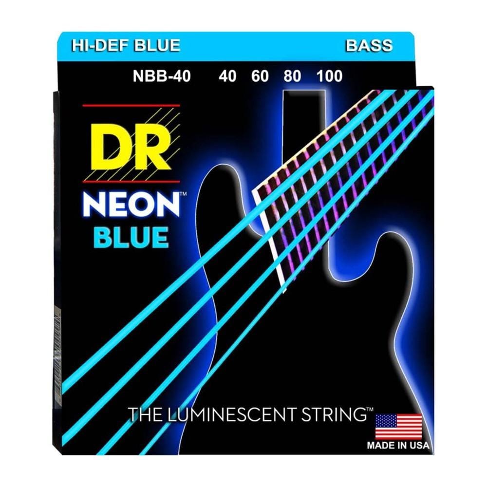 dr bass guitar strings dr nbb 40 hi def neon blue colored bass strings - light 40-100