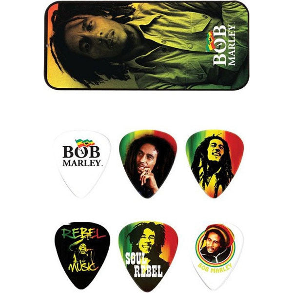 dunlop picks dunlop bob-pt02h bob marley rasta man pick tin with 6 heavy picks