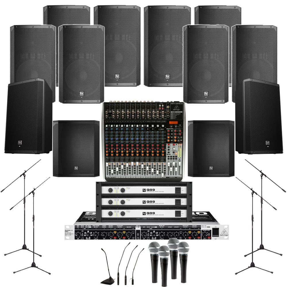 electro-voice temple sound system temple sound system 8xelectro voice elx 200 15p wall mount loudspeakers, 2xsubwoofer, 3xamplifiers, monitors, mics, stands & mixer
