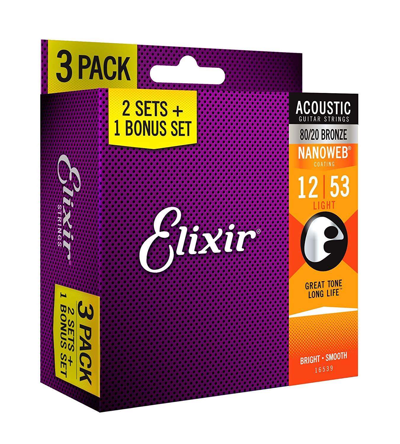 elixir acoustic guitar strings elixir 16539 nanoweb 80/20 bronze acoustic guitar strings light - pack of 3 - 12-53
