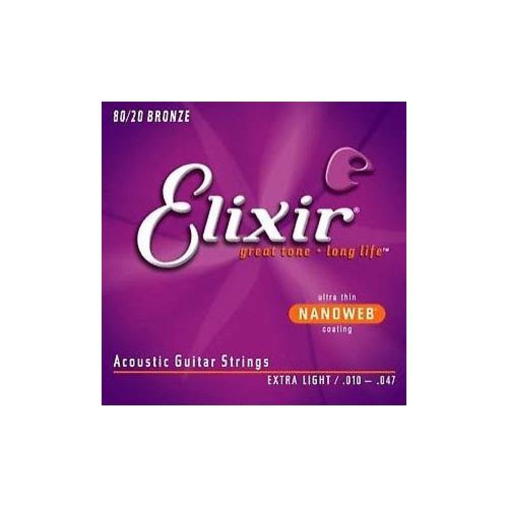 elixir acoustic guitar strings elixir 3313211002 nanoweb 80/20 bronze acoustic guitar strings extra light - 10-47