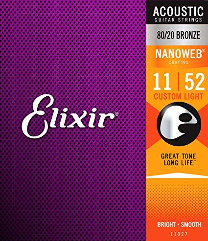 elixir acoustic guitar strings elixir 3313211027 nanoweb 80/20 bronze acoustic guitar strings custom light - 11-52