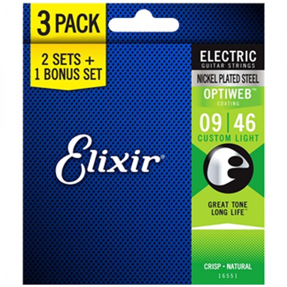 elixir electric guitar strings elixir 16551 optiweb coating electric guitar strings custom light - pack of 3 - 9-46