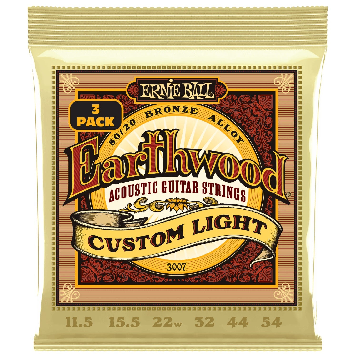 Ernie Ball Acoustic Guitar Strings Ernie Ball 3007 Custom Light Earthwood 80/20 Bronze Acoustic Guitar String 3 Pack - .11.5-.54