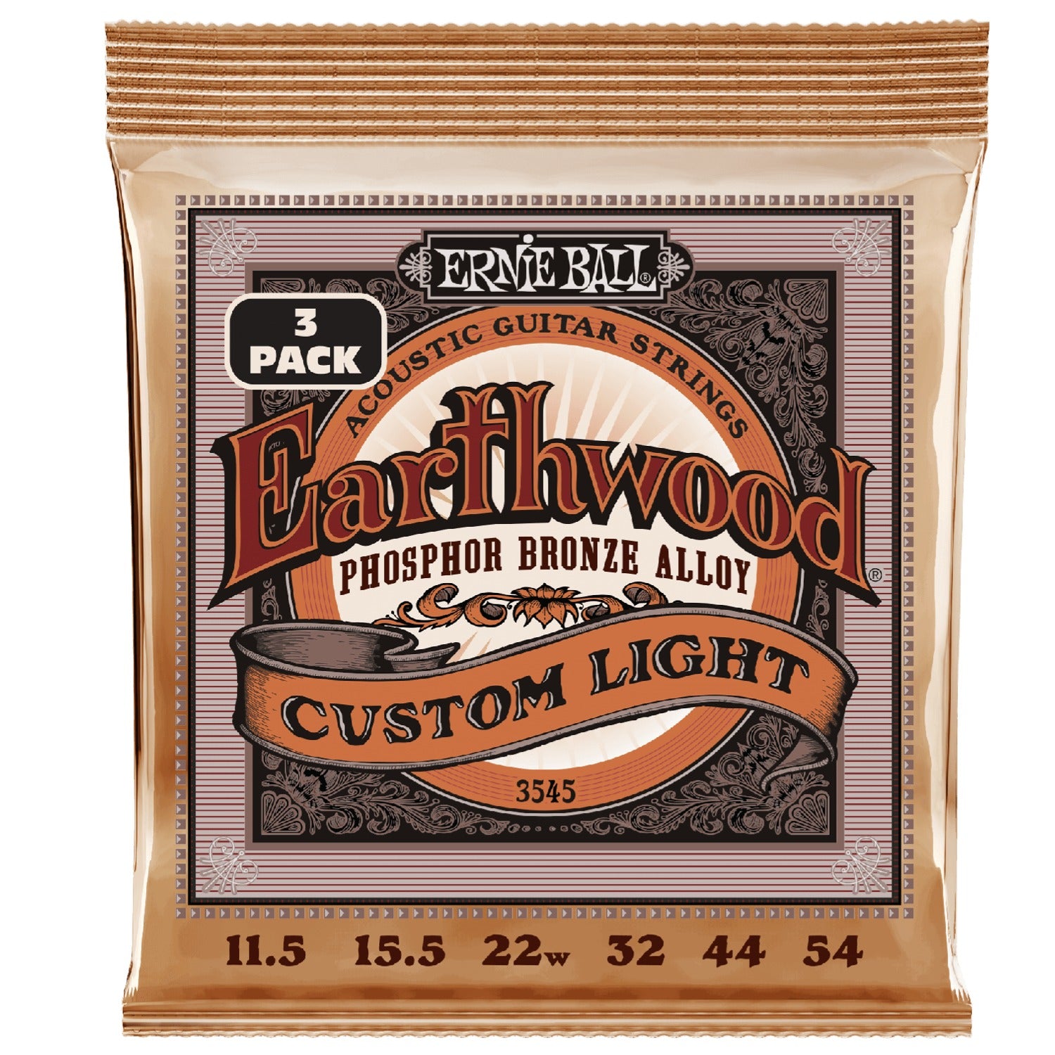 Ernie Ball Acoustic Guitar Strings Ernie Ball 3545 Custom Light Earthwood Phosphor Bronze Acoustic Guitar String - 3 Pack - .11.5-.54
