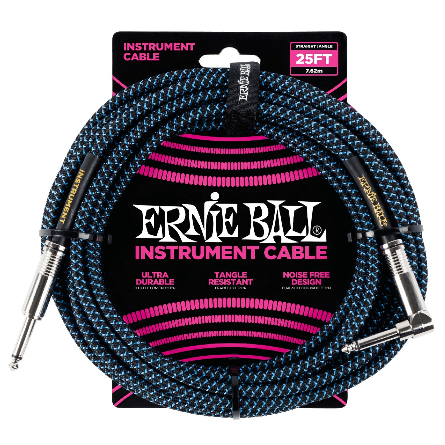 Ernie Ball Guitar Cables Black / Blue Ernie Ball 25 Ft Braided Straight-Angle Instrument Cable