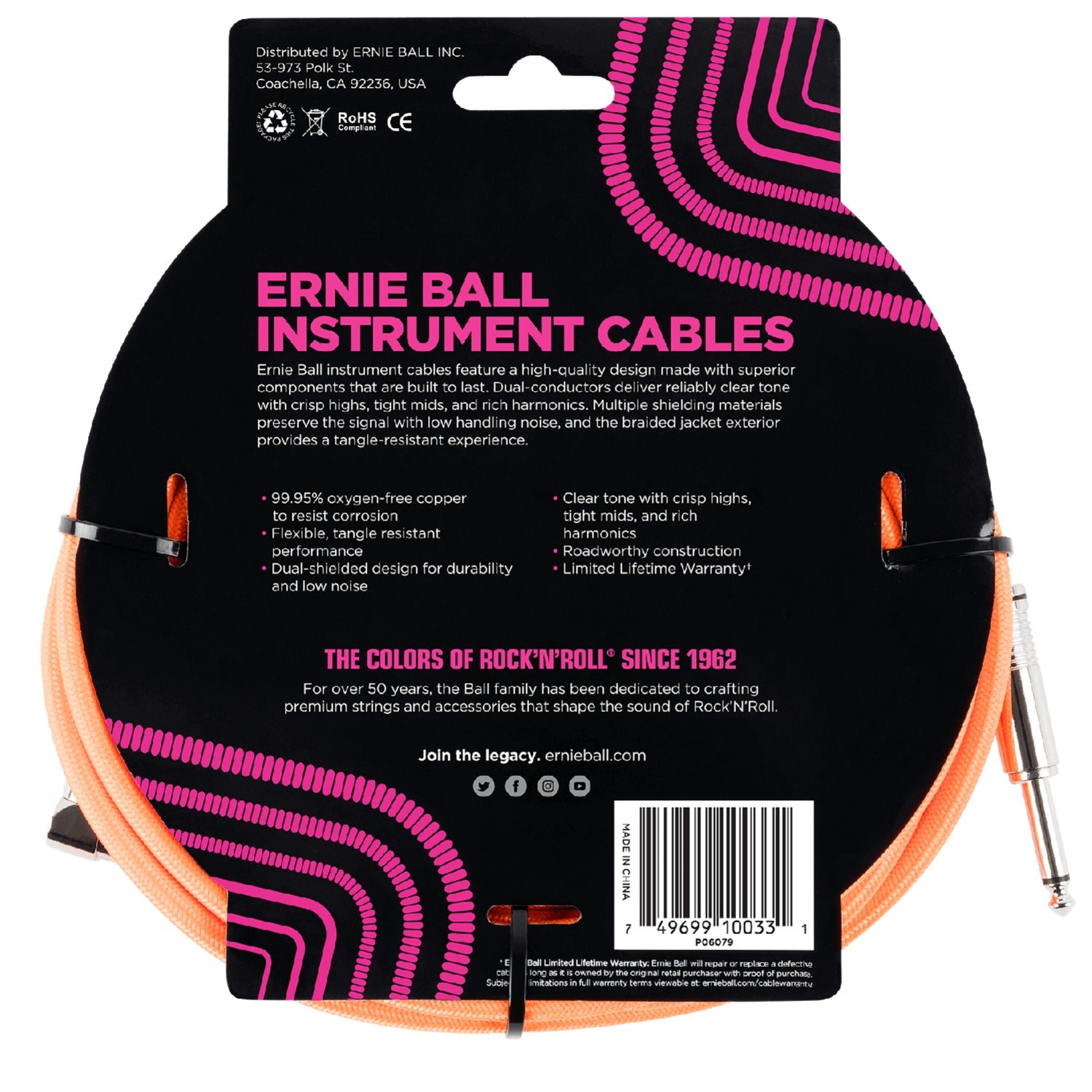 Ernie Ball Instrument Cables Ernie Ball 10' Braided Straight Angle Instrument Cable #color_neon-orange
